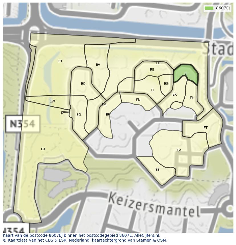 Afbeelding van het postcodegebied 8607 EJ op de kaart.