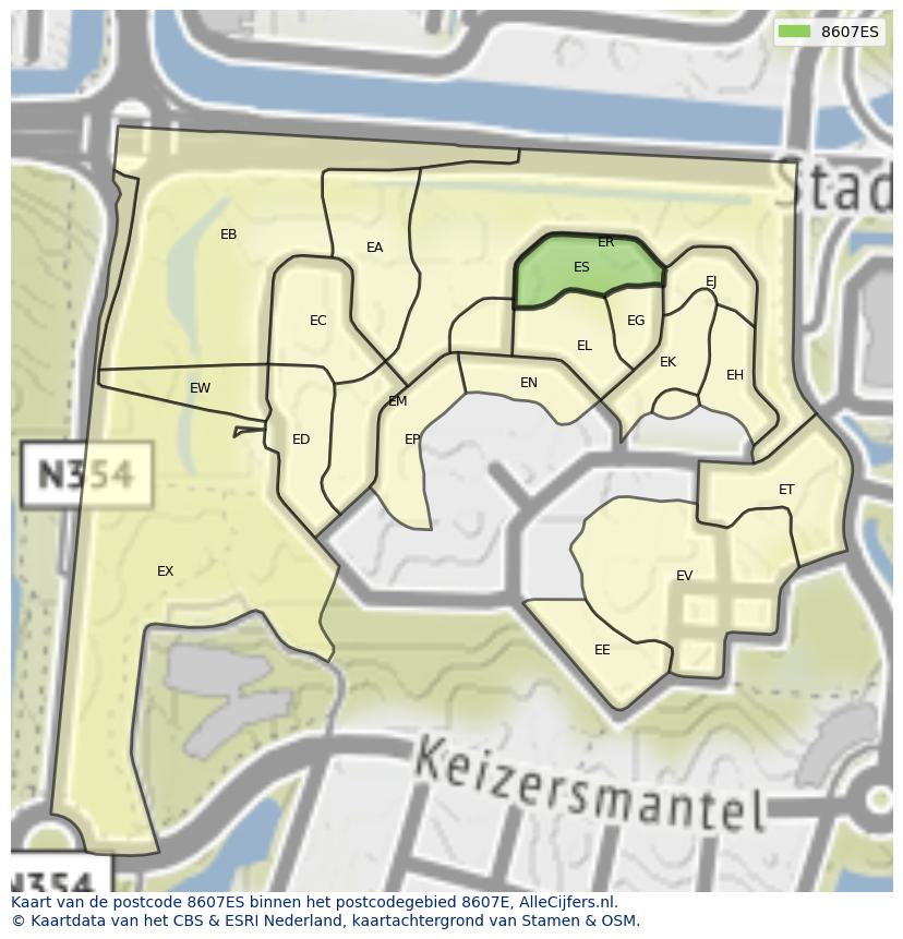 Afbeelding van het postcodegebied 8607 ES op de kaart.