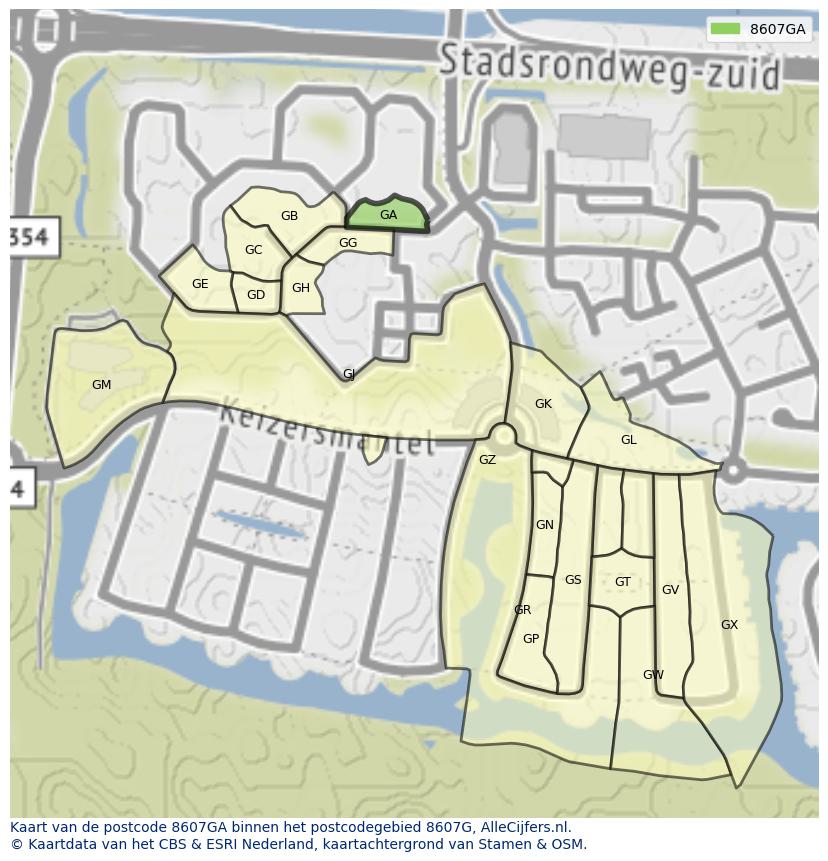 Afbeelding van het postcodegebied 8607 GA op de kaart.