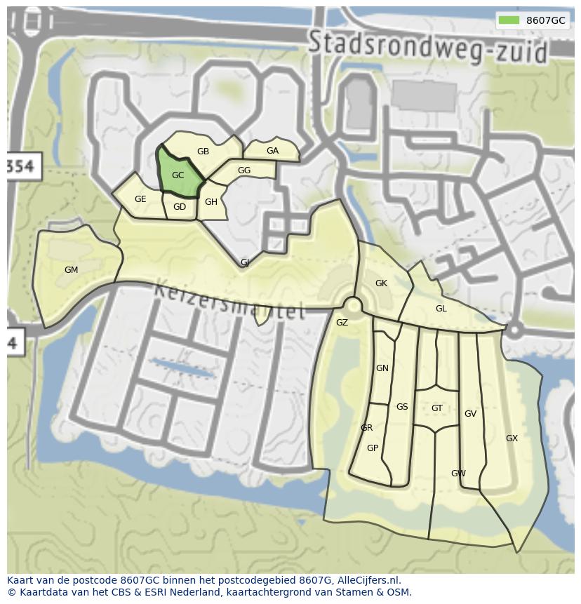 Afbeelding van het postcodegebied 8607 GC op de kaart.