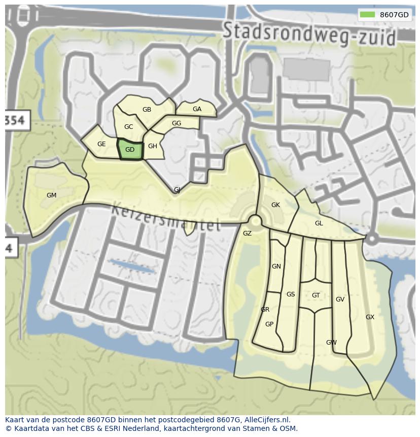 Afbeelding van het postcodegebied 8607 GD op de kaart.