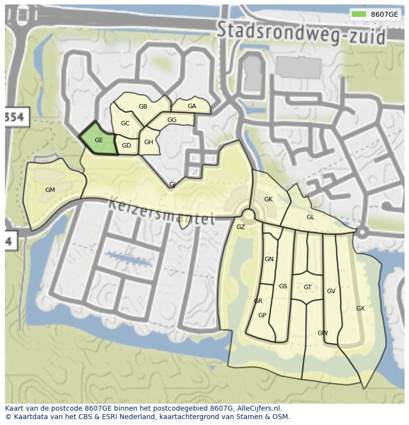 Afbeelding van het postcodegebied 8607 GE op de kaart.