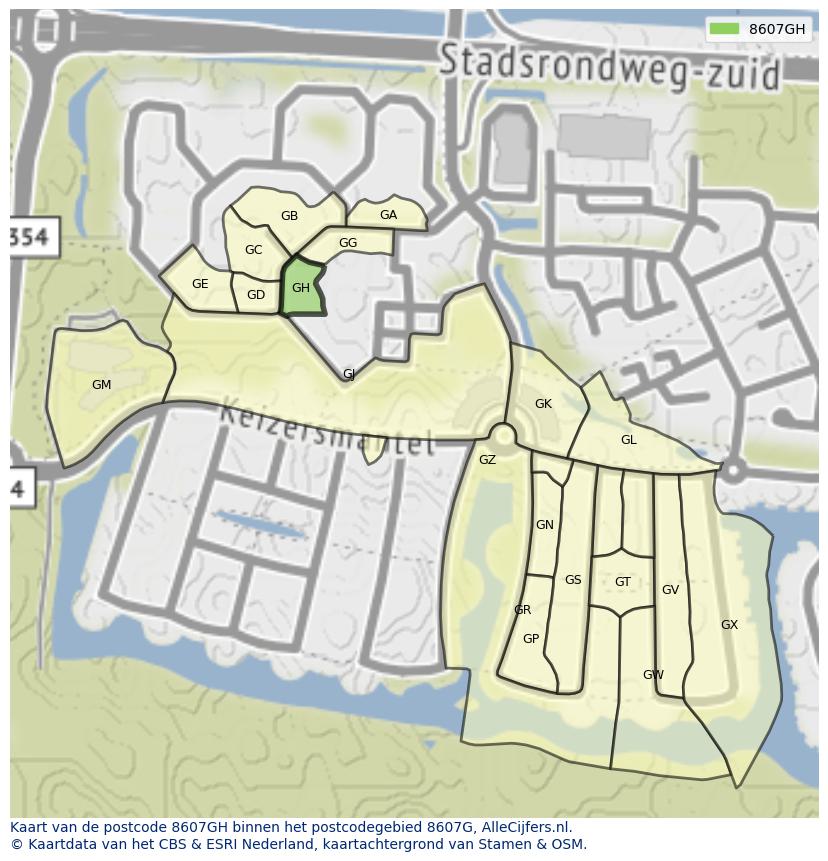 Afbeelding van het postcodegebied 8607 GH op de kaart.