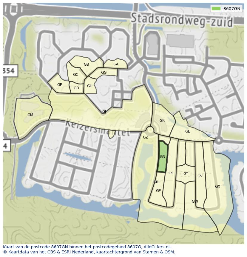 Afbeelding van het postcodegebied 8607 GN op de kaart.