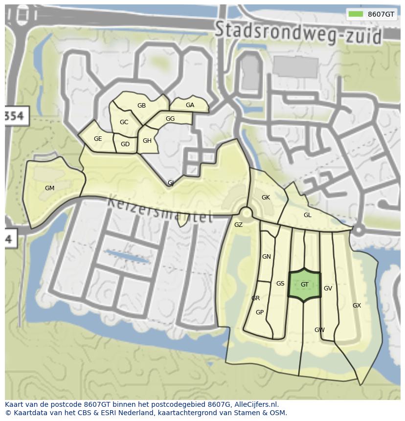 Afbeelding van het postcodegebied 8607 GT op de kaart.