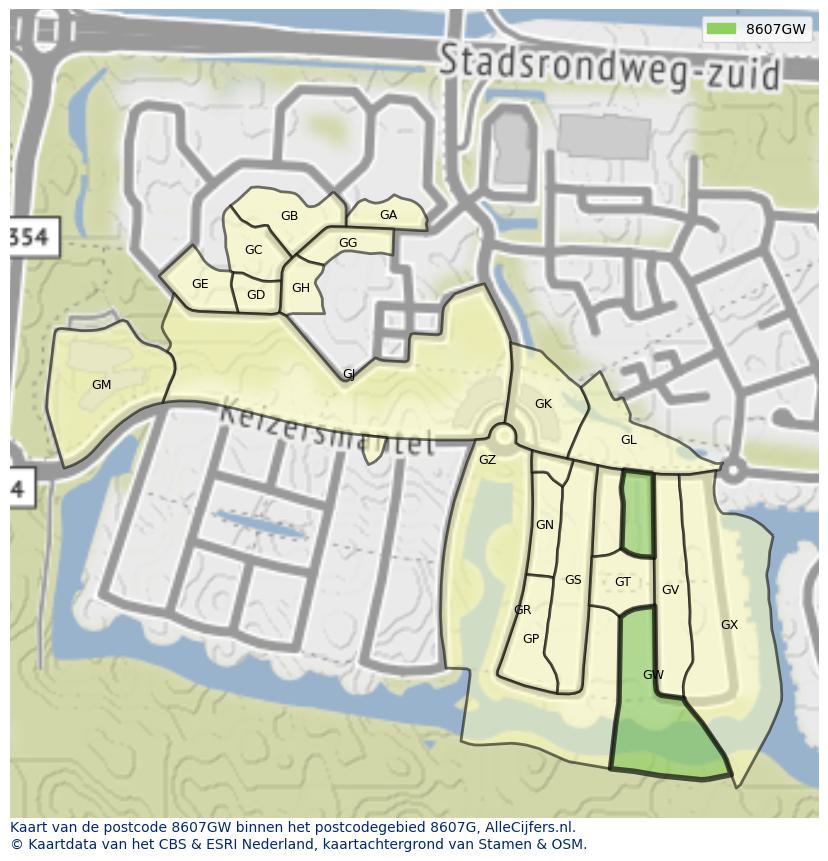 Afbeelding van het postcodegebied 8607 GW op de kaart.