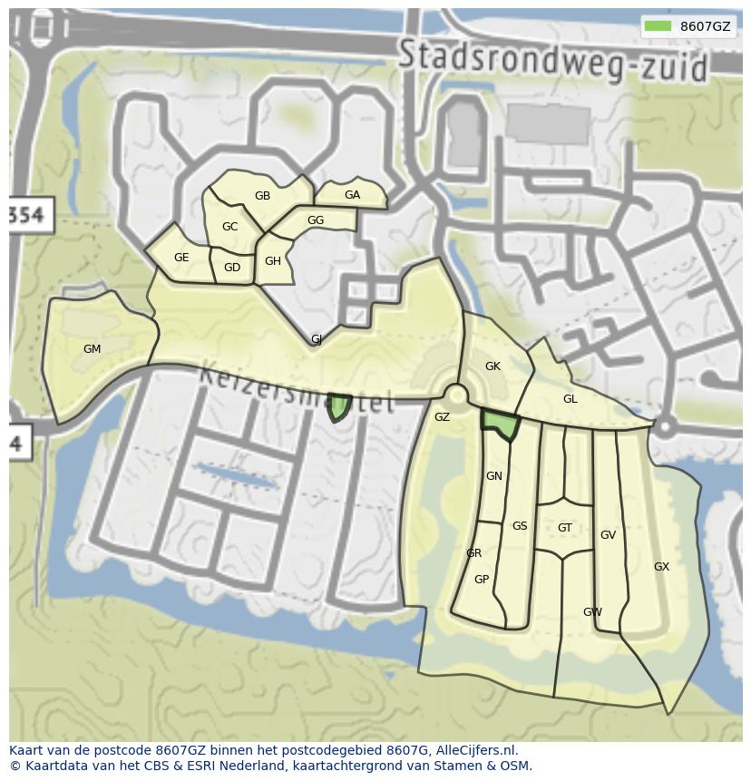 Afbeelding van het postcodegebied 8607 GZ op de kaart.