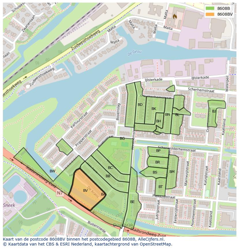 Afbeelding van het postcodegebied 8608 BV op de kaart.
