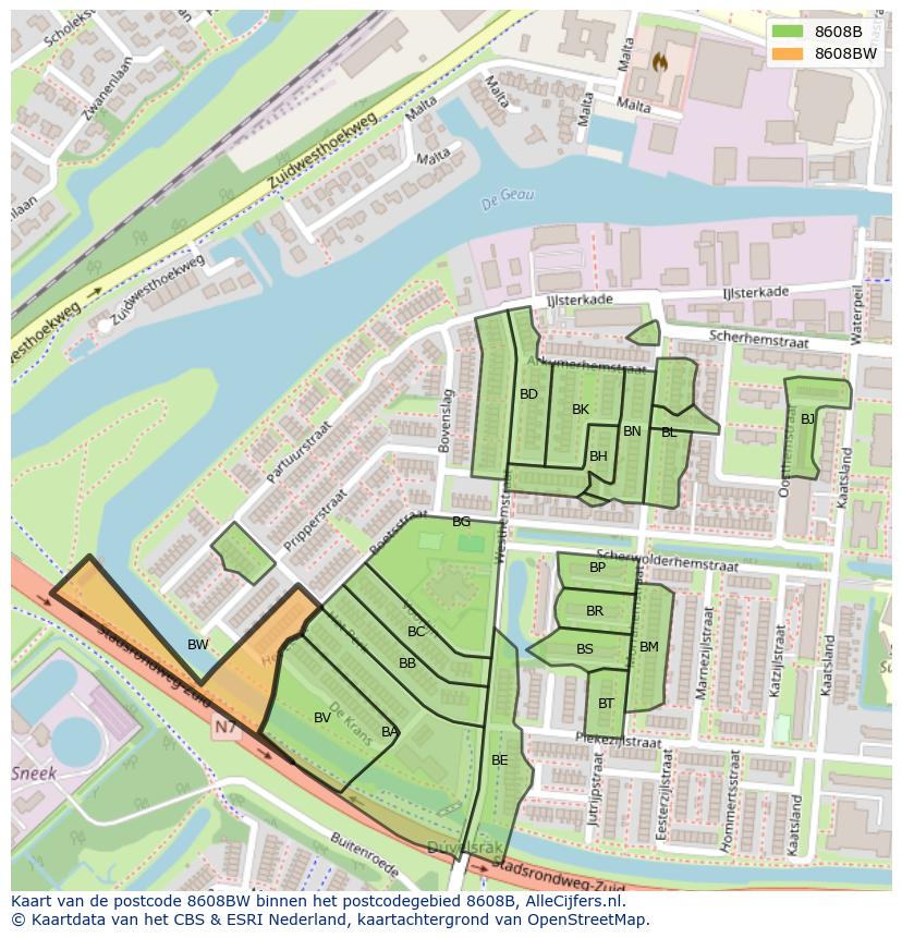 Afbeelding van het postcodegebied 8608 BW op de kaart.