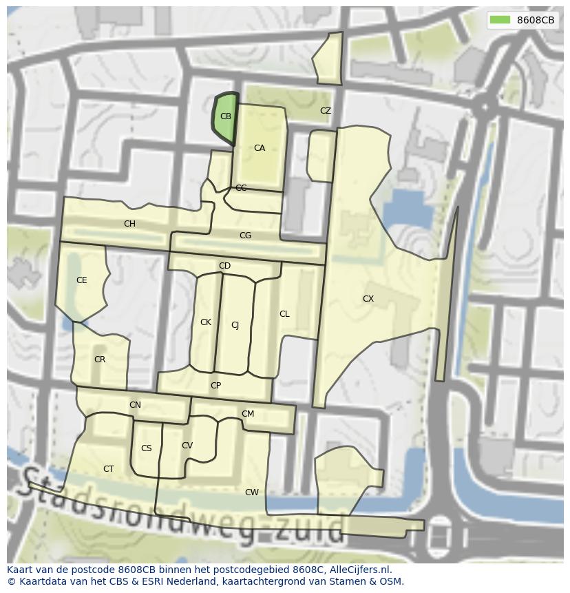 Afbeelding van het postcodegebied 8608 CB op de kaart.