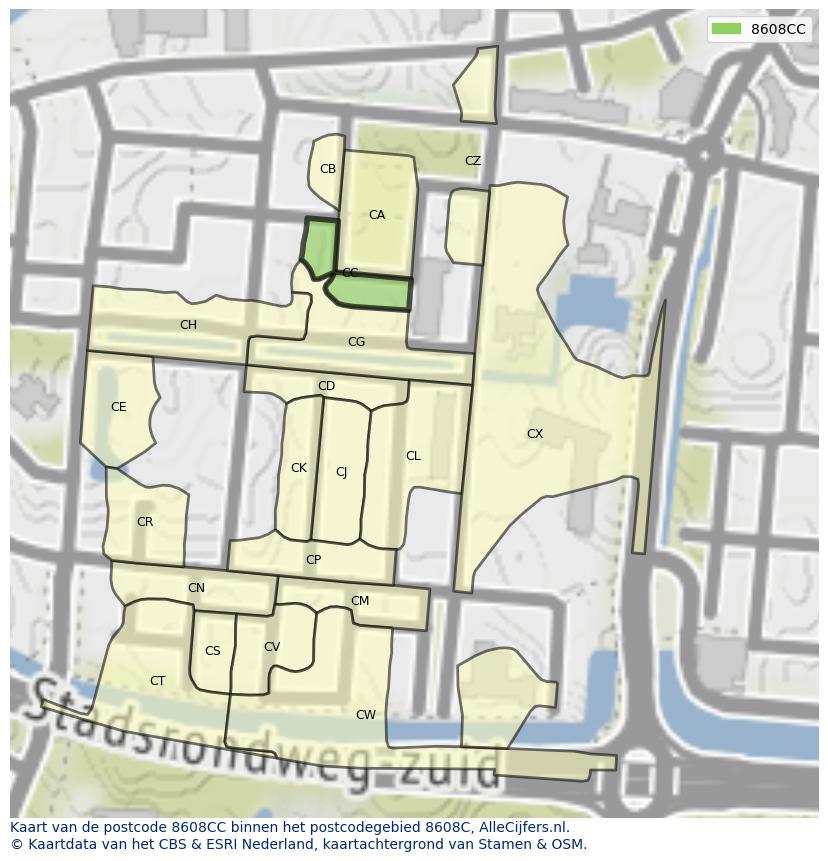 Afbeelding van het postcodegebied 8608 CC op de kaart.