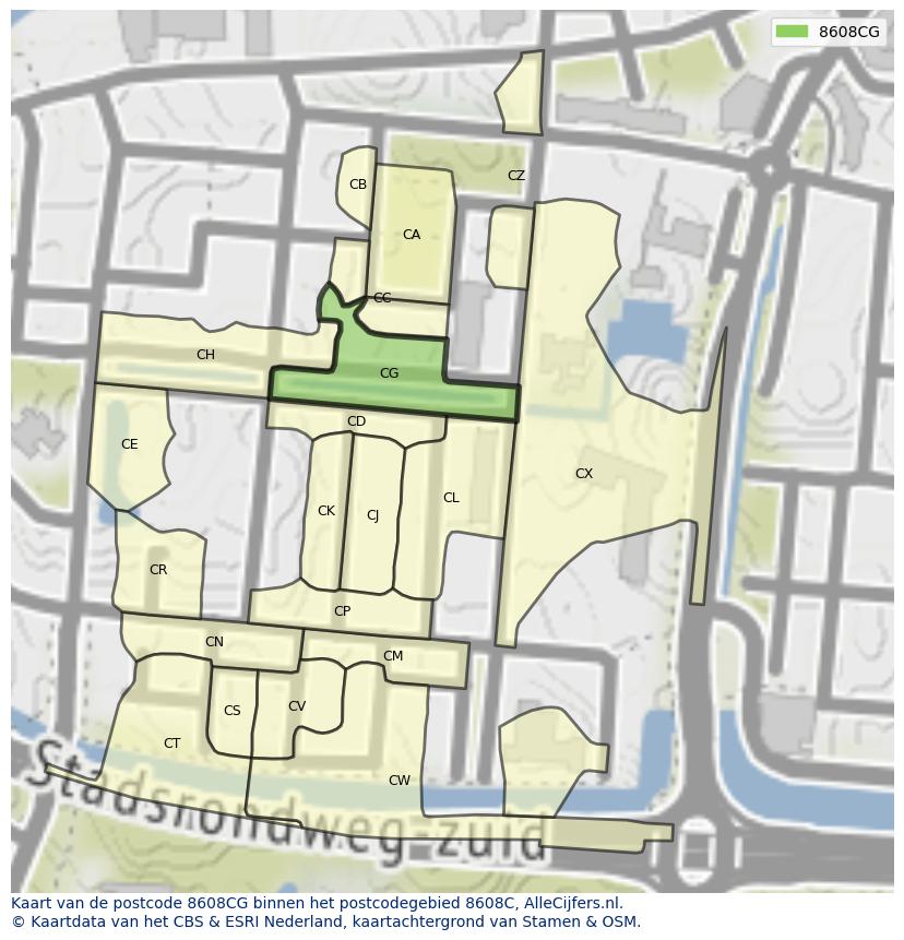 Afbeelding van het postcodegebied 8608 CG op de kaart.