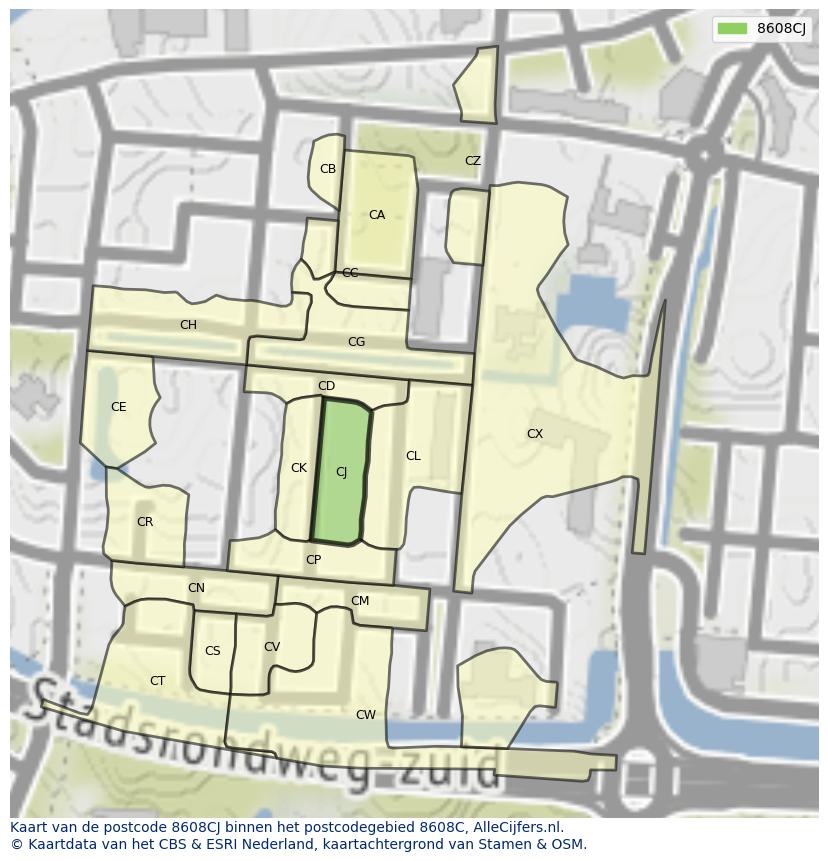 Afbeelding van het postcodegebied 8608 CJ op de kaart.
