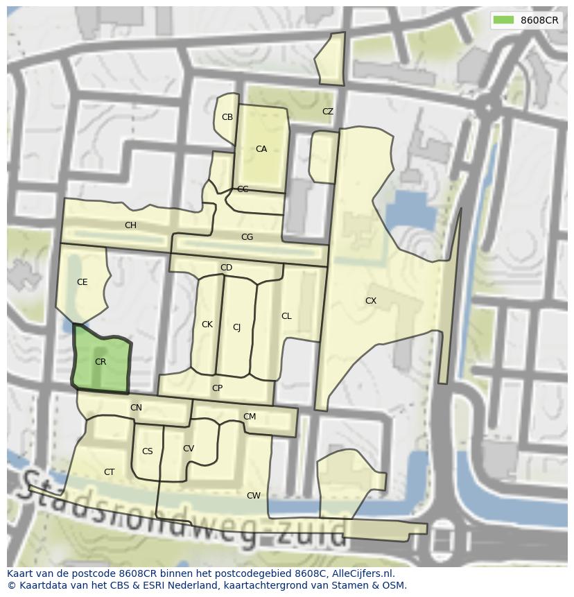 Afbeelding van het postcodegebied 8608 CR op de kaart.