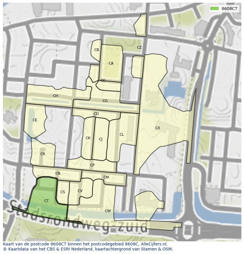 Afbeelding van het postcodegebied 8608 CT op de kaart.
