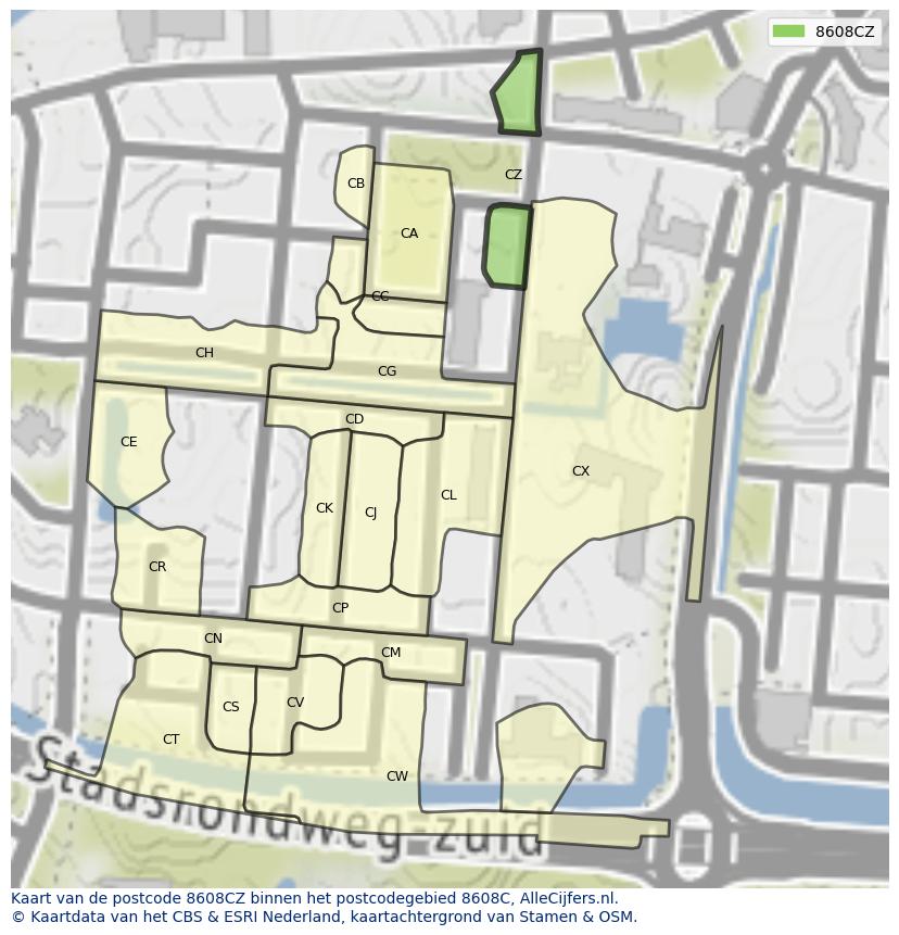 Afbeelding van het postcodegebied 8608 CZ op de kaart.