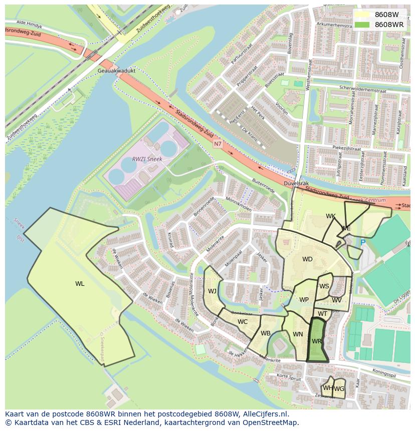 Afbeelding van het postcodegebied 8608 WR op de kaart.