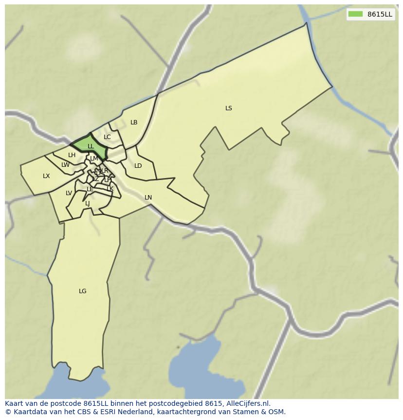 Afbeelding van het postcodegebied 8615 LL op de kaart.