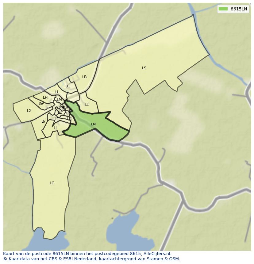 Afbeelding van het postcodegebied 8615 LN op de kaart.
