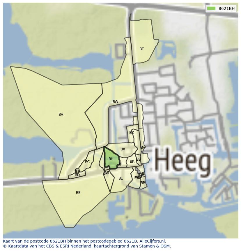 Afbeelding van het postcodegebied 8621 BH op de kaart.