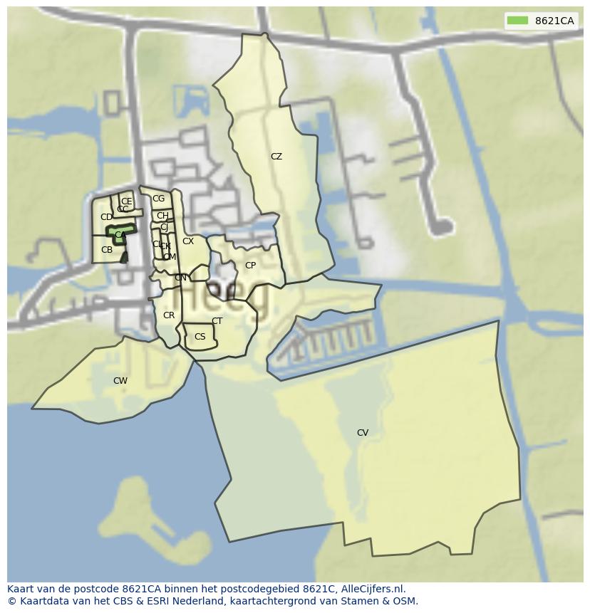 Afbeelding van het postcodegebied 8621 CA op de kaart.