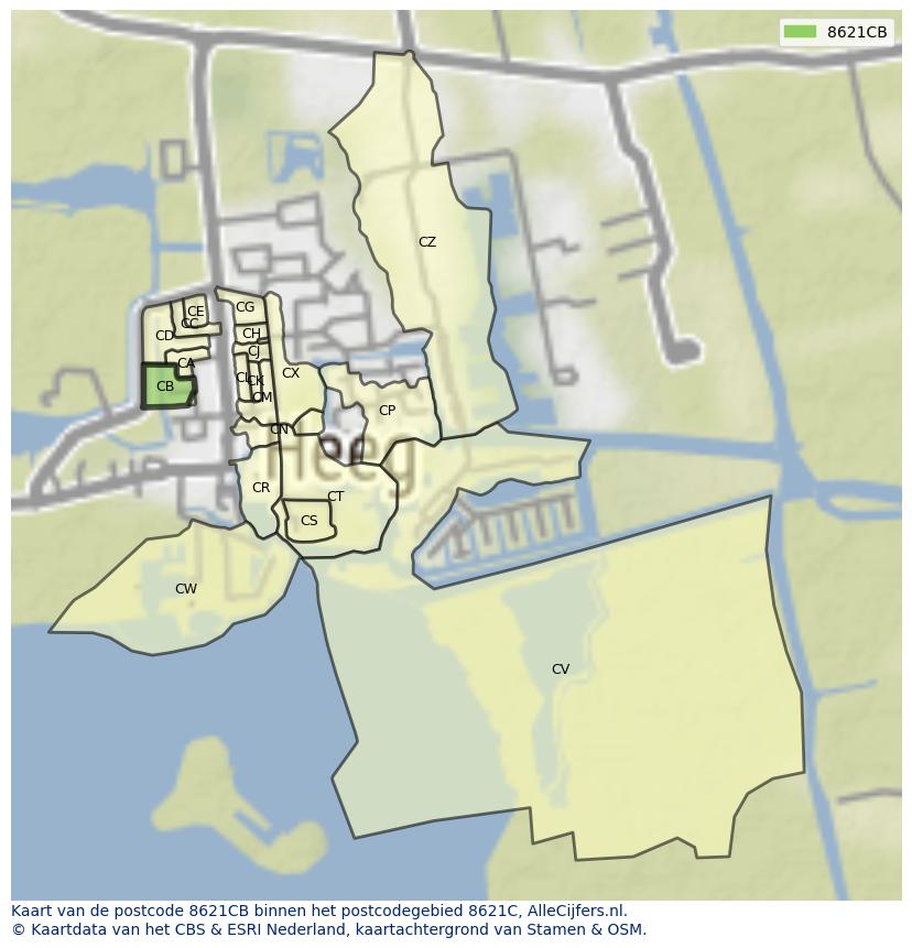 Afbeelding van het postcodegebied 8621 CB op de kaart.