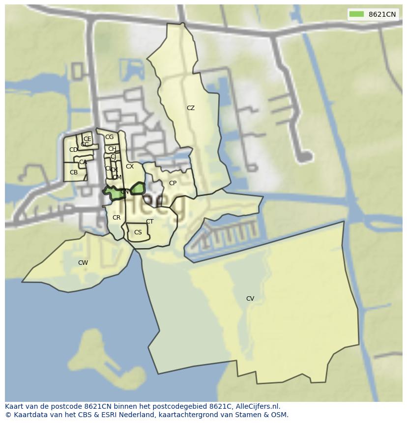 Afbeelding van het postcodegebied 8621 CN op de kaart.