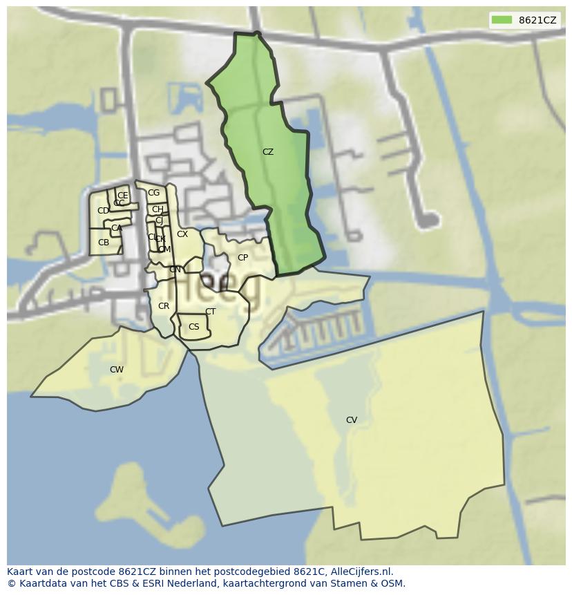 Afbeelding van het postcodegebied 8621 CZ op de kaart.