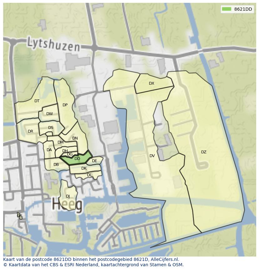 Afbeelding van het postcodegebied 8621 DD op de kaart.