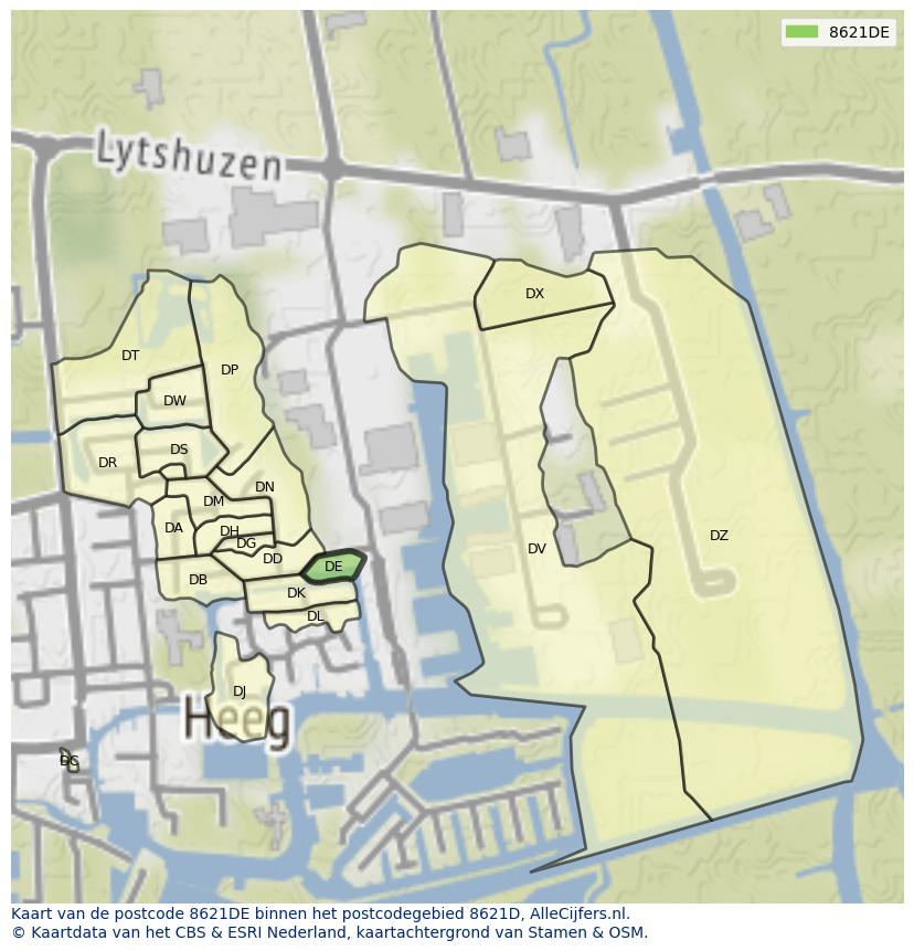 Afbeelding van het postcodegebied 8621 DE op de kaart.