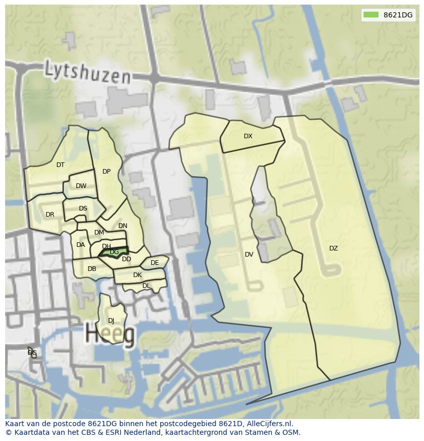 Afbeelding van het postcodegebied 8621 DG op de kaart.