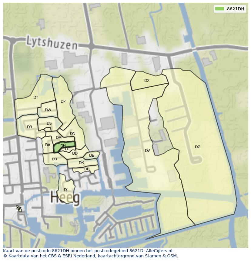 Afbeelding van het postcodegebied 8621 DH op de kaart.