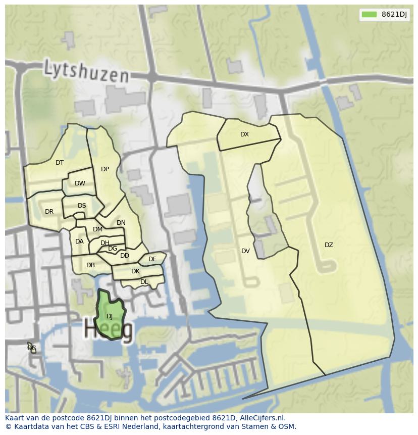 Afbeelding van het postcodegebied 8621 DJ op de kaart.