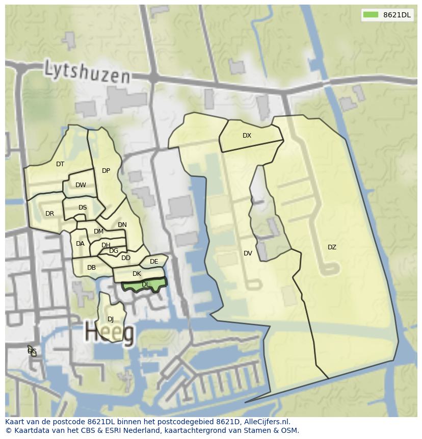 Afbeelding van het postcodegebied 8621 DL op de kaart.