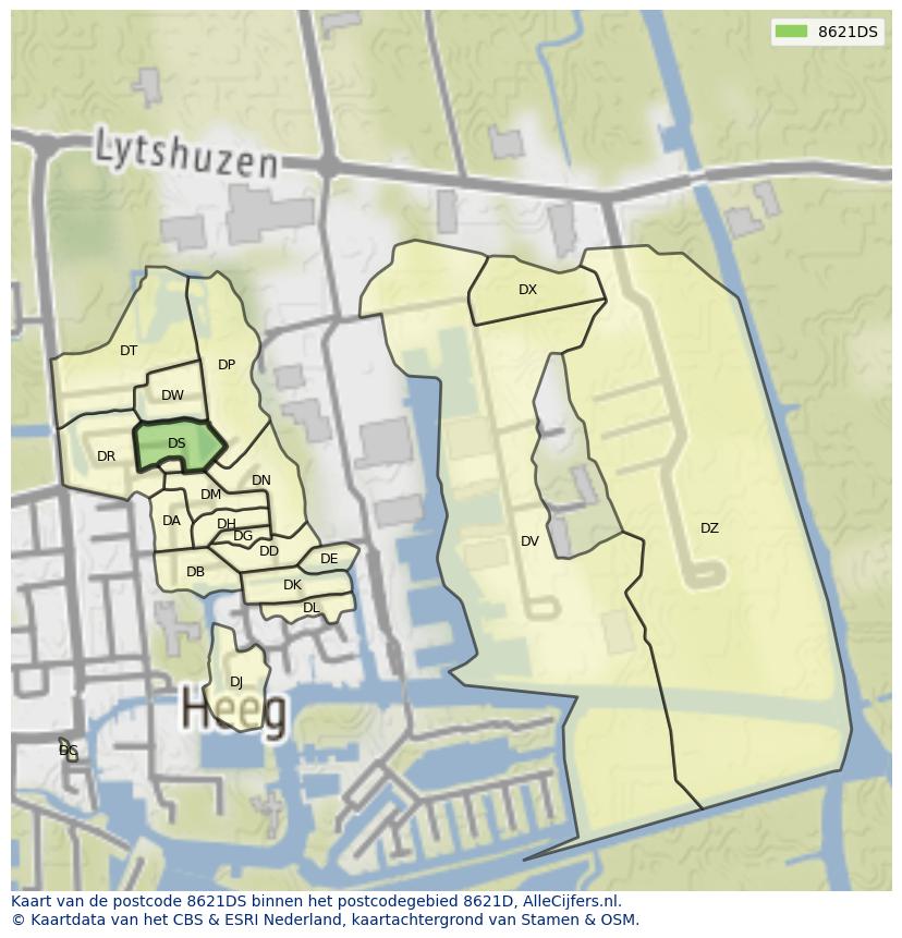 Afbeelding van het postcodegebied 8621 DS op de kaart.