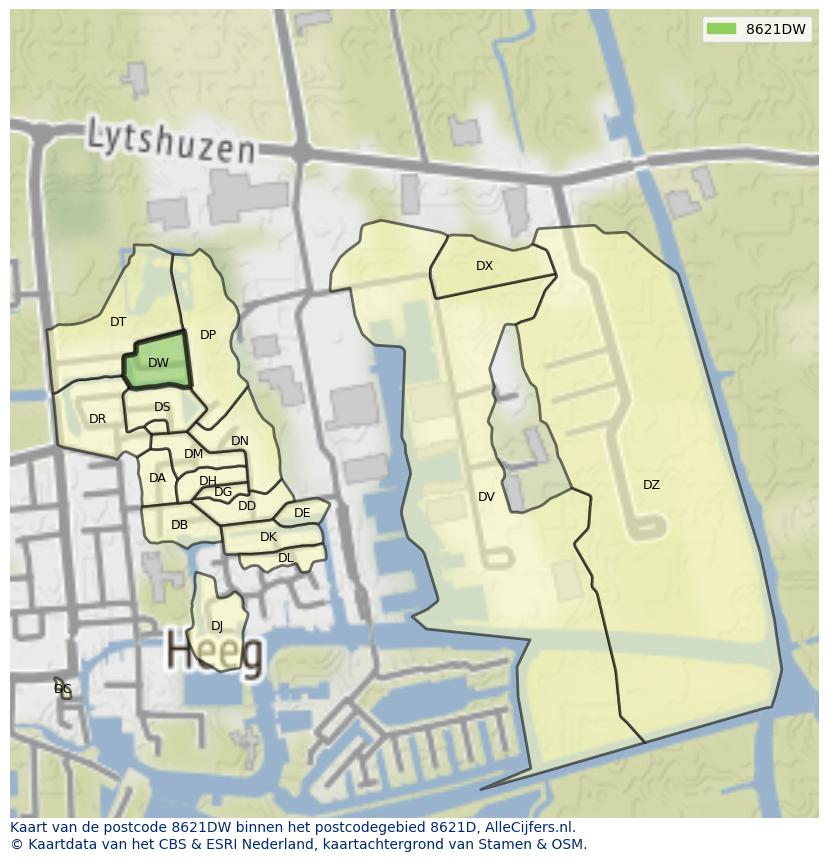 Afbeelding van het postcodegebied 8621 DW op de kaart.