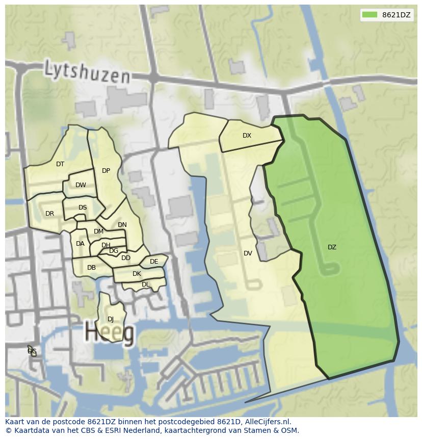 Afbeelding van het postcodegebied 8621 DZ op de kaart.