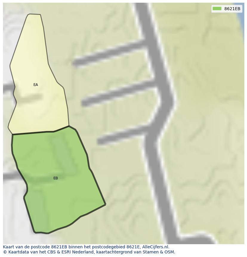 Afbeelding van het postcodegebied 8621 EB op de kaart.