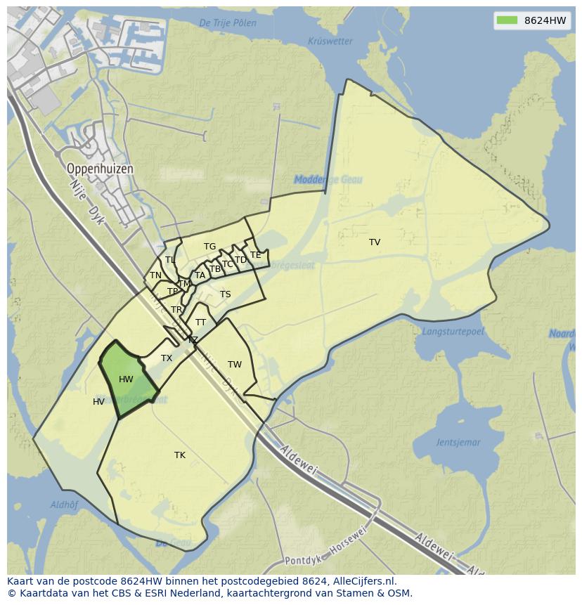 Afbeelding van het postcodegebied 8624 HW op de kaart.