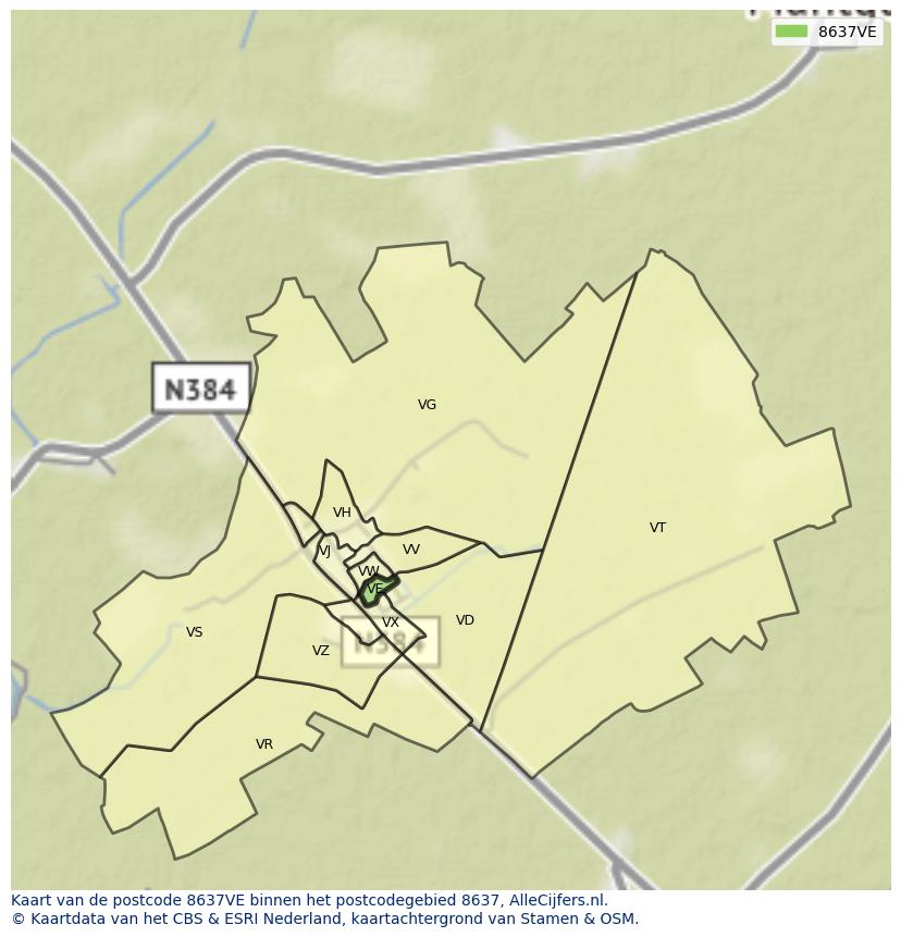 Afbeelding van het postcodegebied 8637 VE op de kaart.