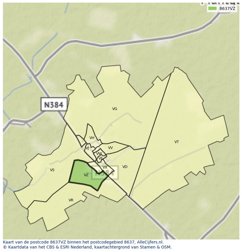 Afbeelding van het postcodegebied 8637 VZ op de kaart.
