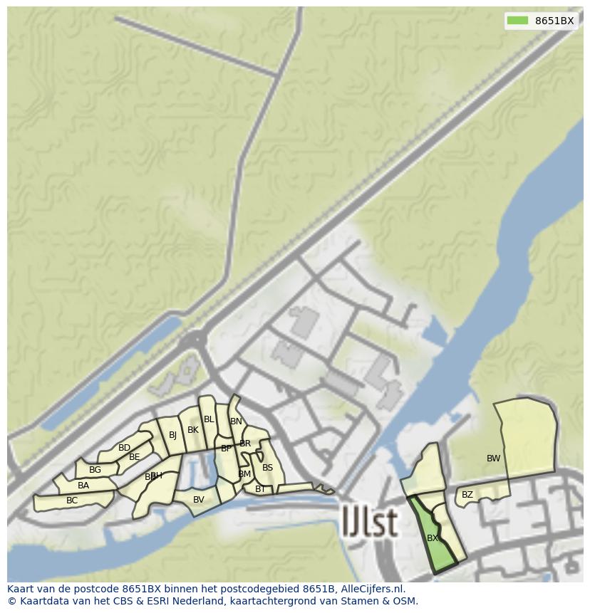 Afbeelding van het postcodegebied 8651 BX op de kaart.