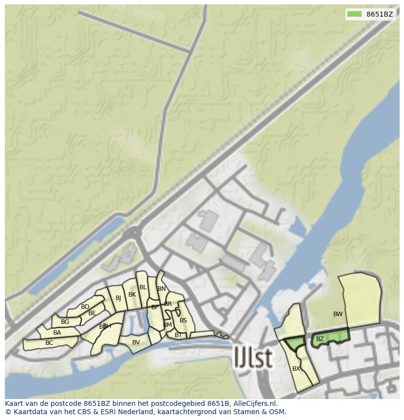 Afbeelding van het postcodegebied 8651 BZ op de kaart.