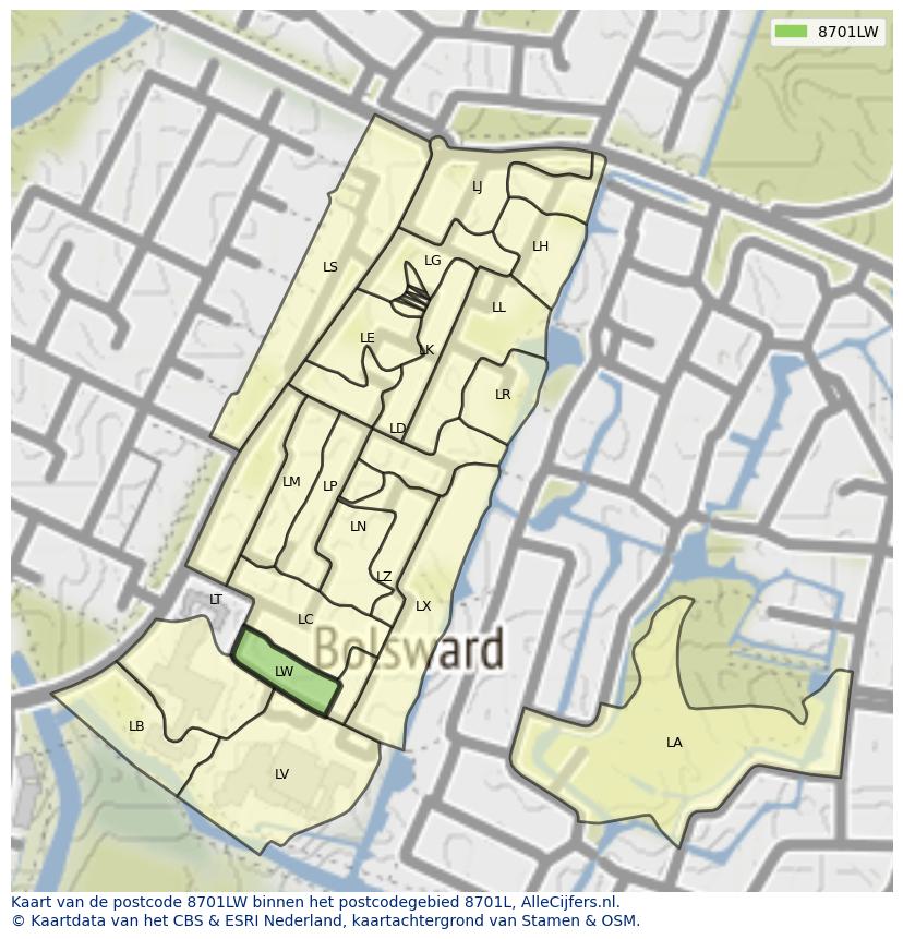 Afbeelding van het postcodegebied 8701 LW op de kaart.