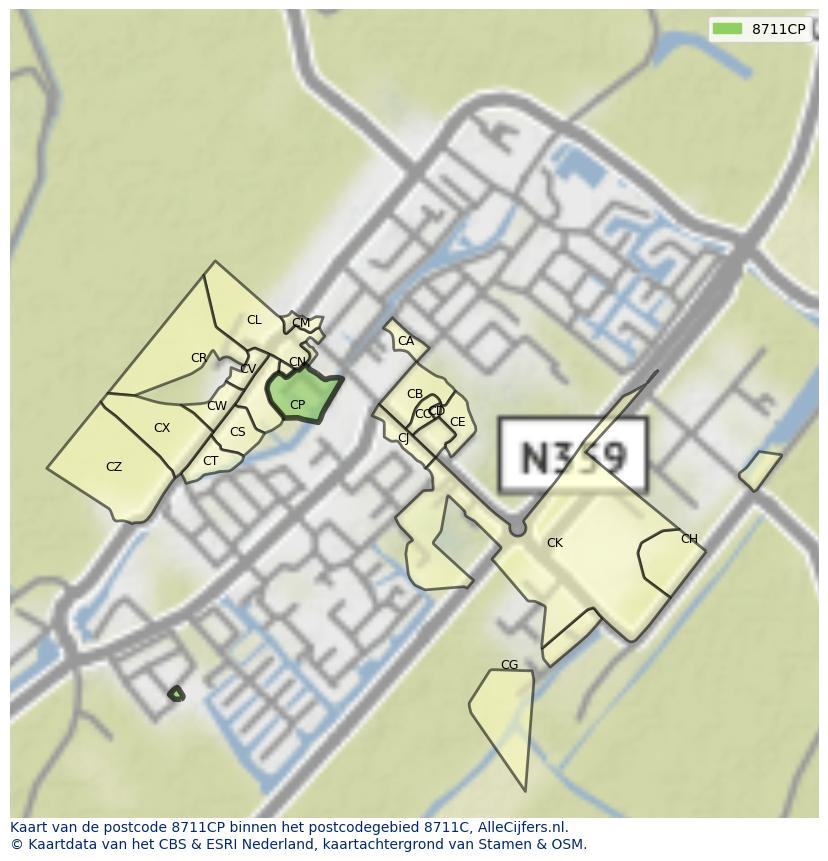 Afbeelding van het postcodegebied 8711 CP op de kaart.