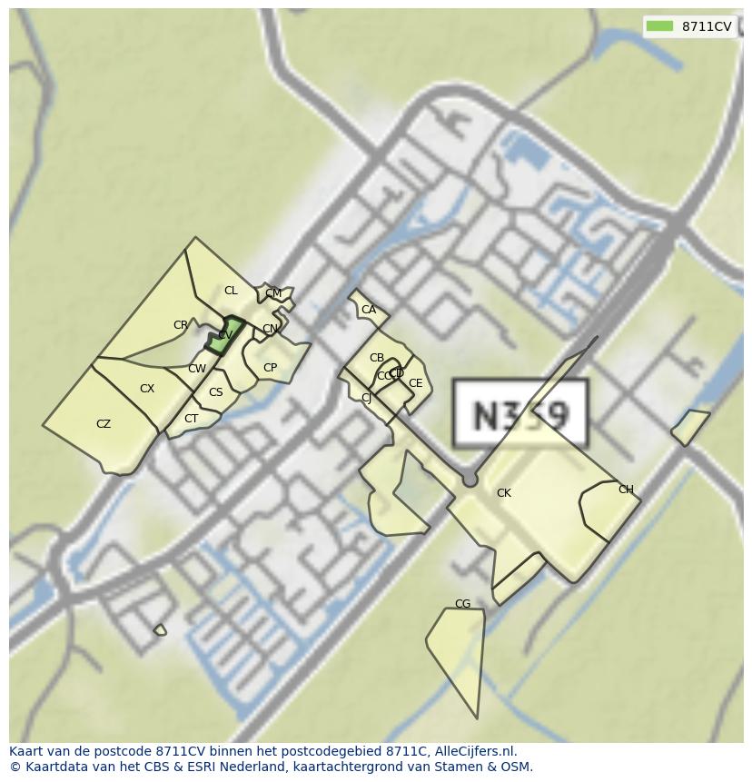 Afbeelding van het postcodegebied 8711 CV op de kaart.