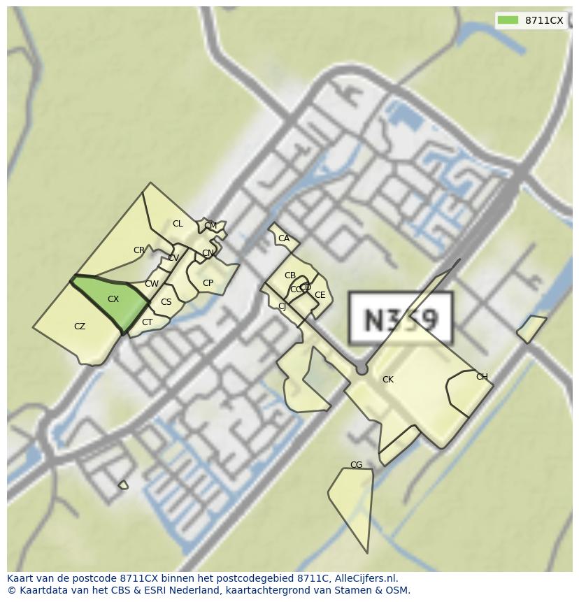 Afbeelding van het postcodegebied 8711 CX op de kaart.