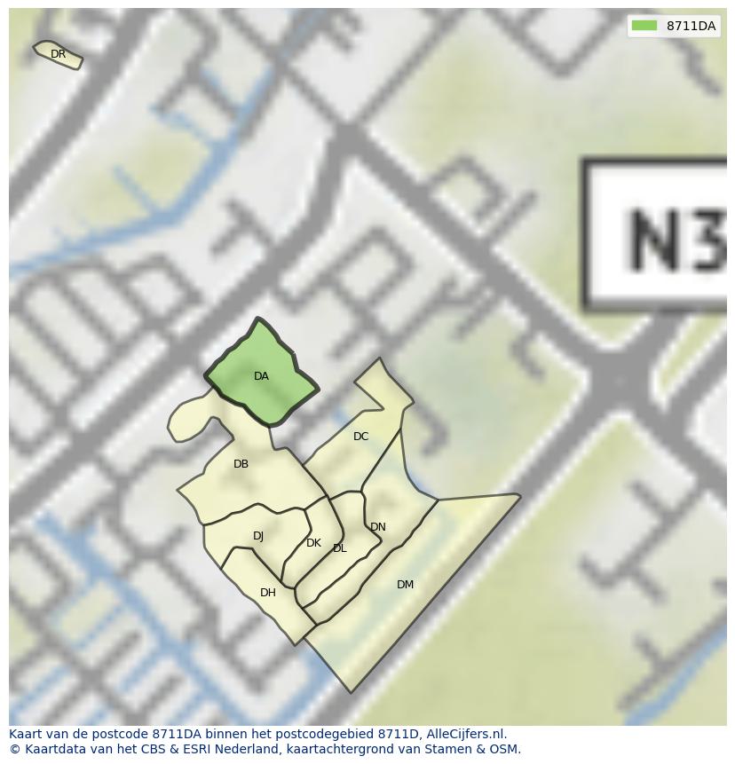 Afbeelding van het postcodegebied 8711 DA op de kaart.