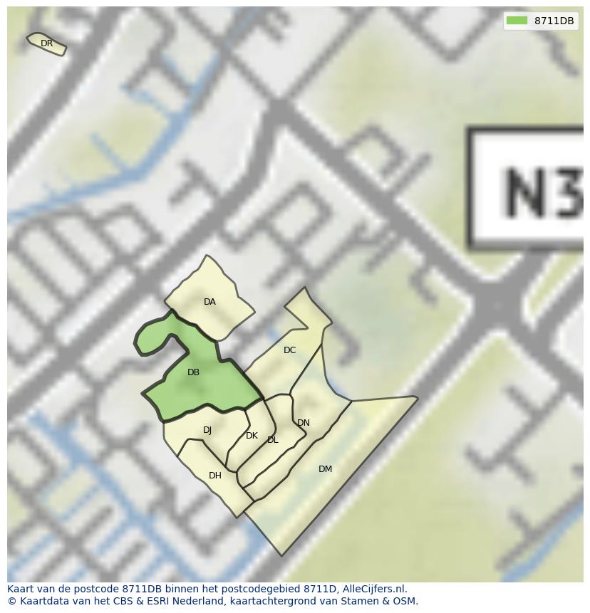 Afbeelding van het postcodegebied 8711 DB op de kaart.