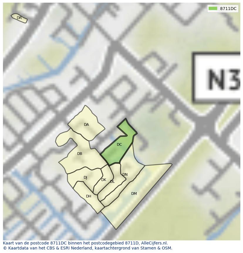 Afbeelding van het postcodegebied 8711 DC op de kaart.